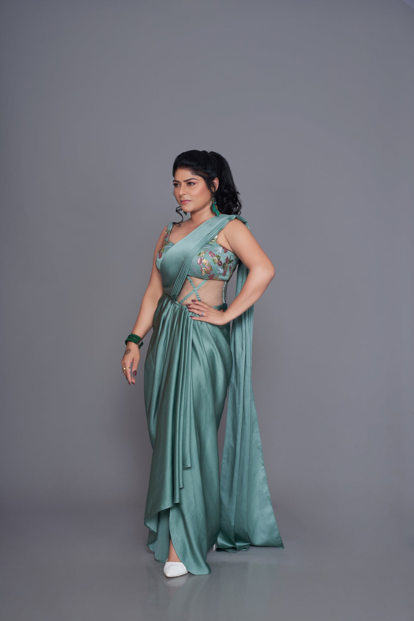 light sea green saree sequin blouse indo western set
