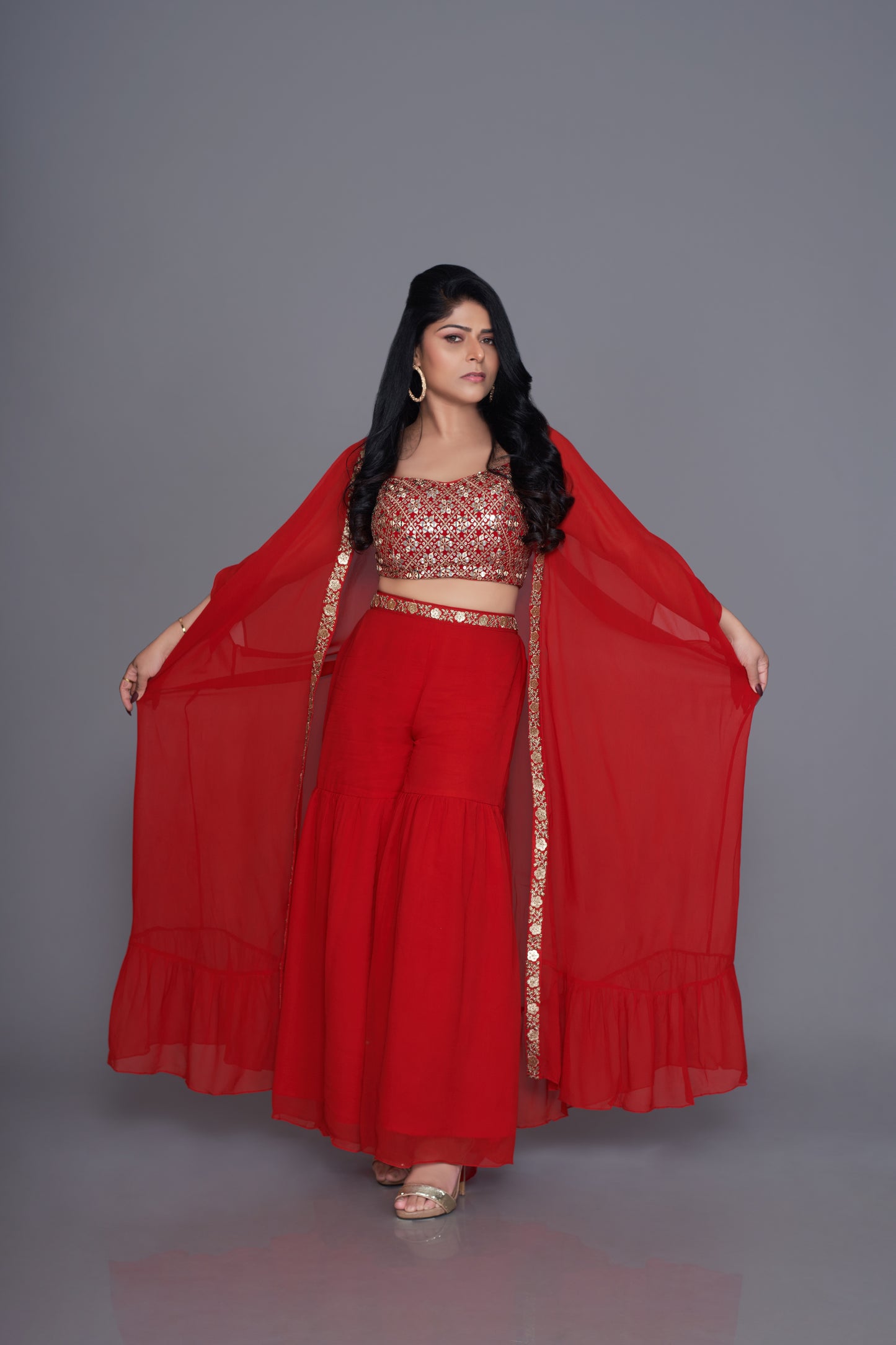 Red georgette gold embroidered indo western three piece set