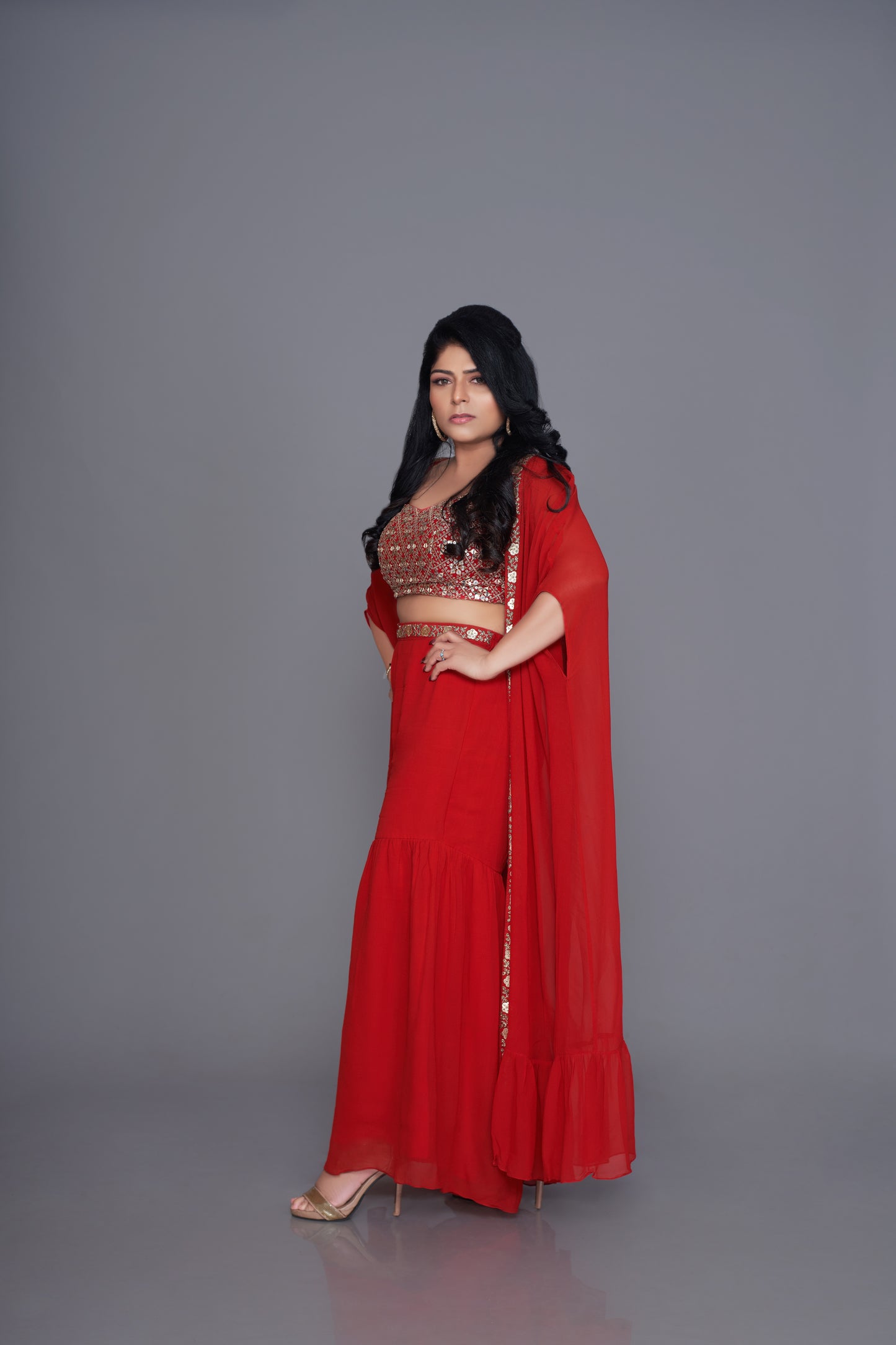 Red georgette gold embroidered indo western three piece set