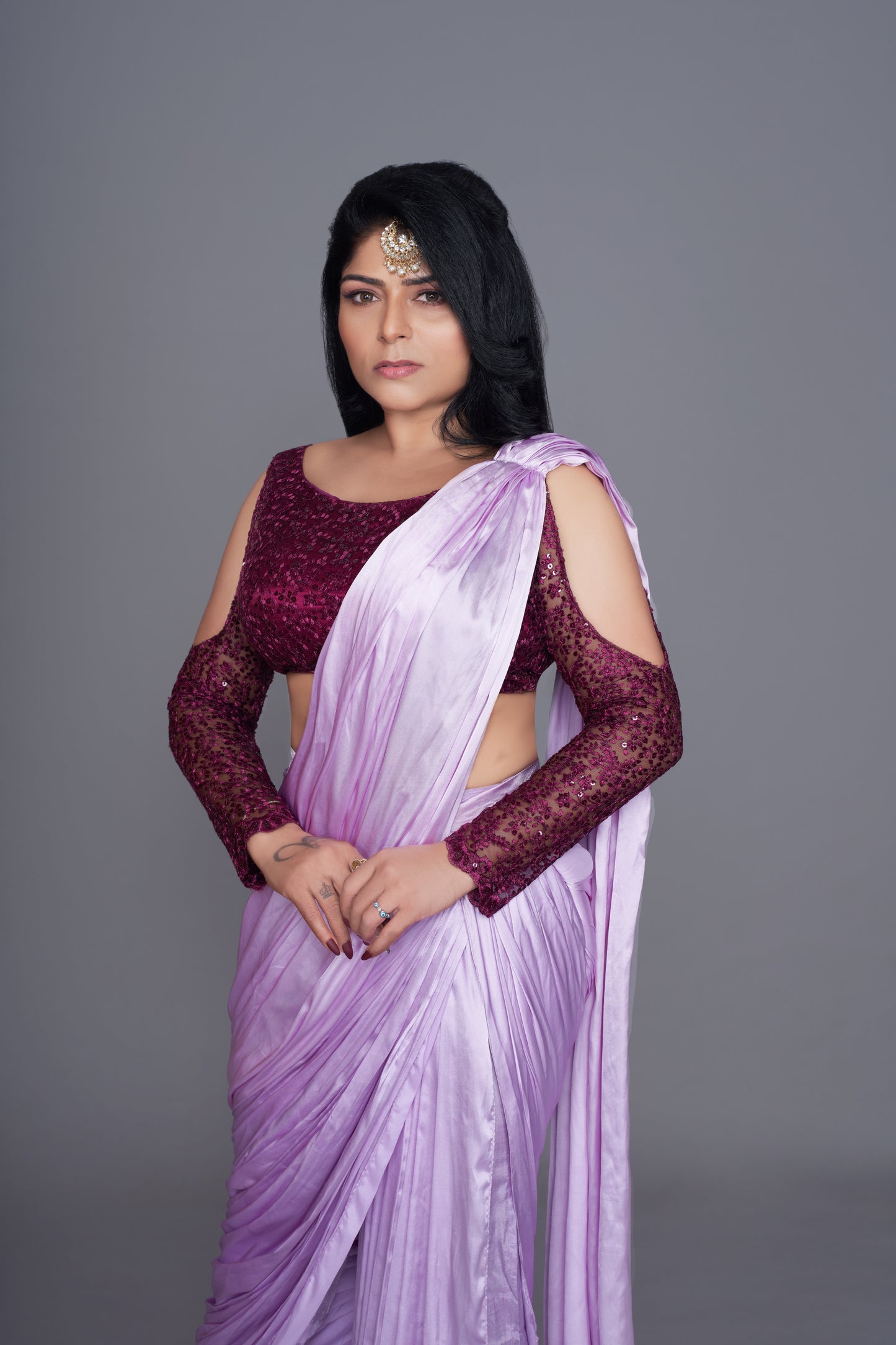 light lavender and silk thread work indo western dhoti saree set