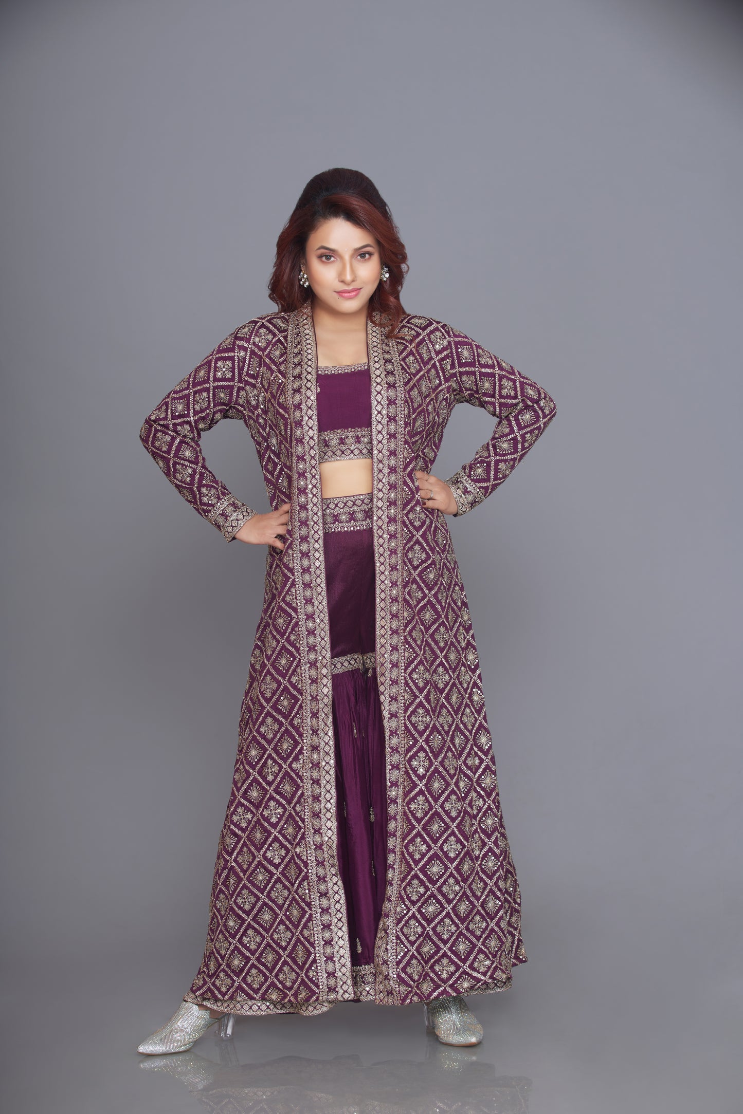 dark purple crepe gold zari embroidered indo western set