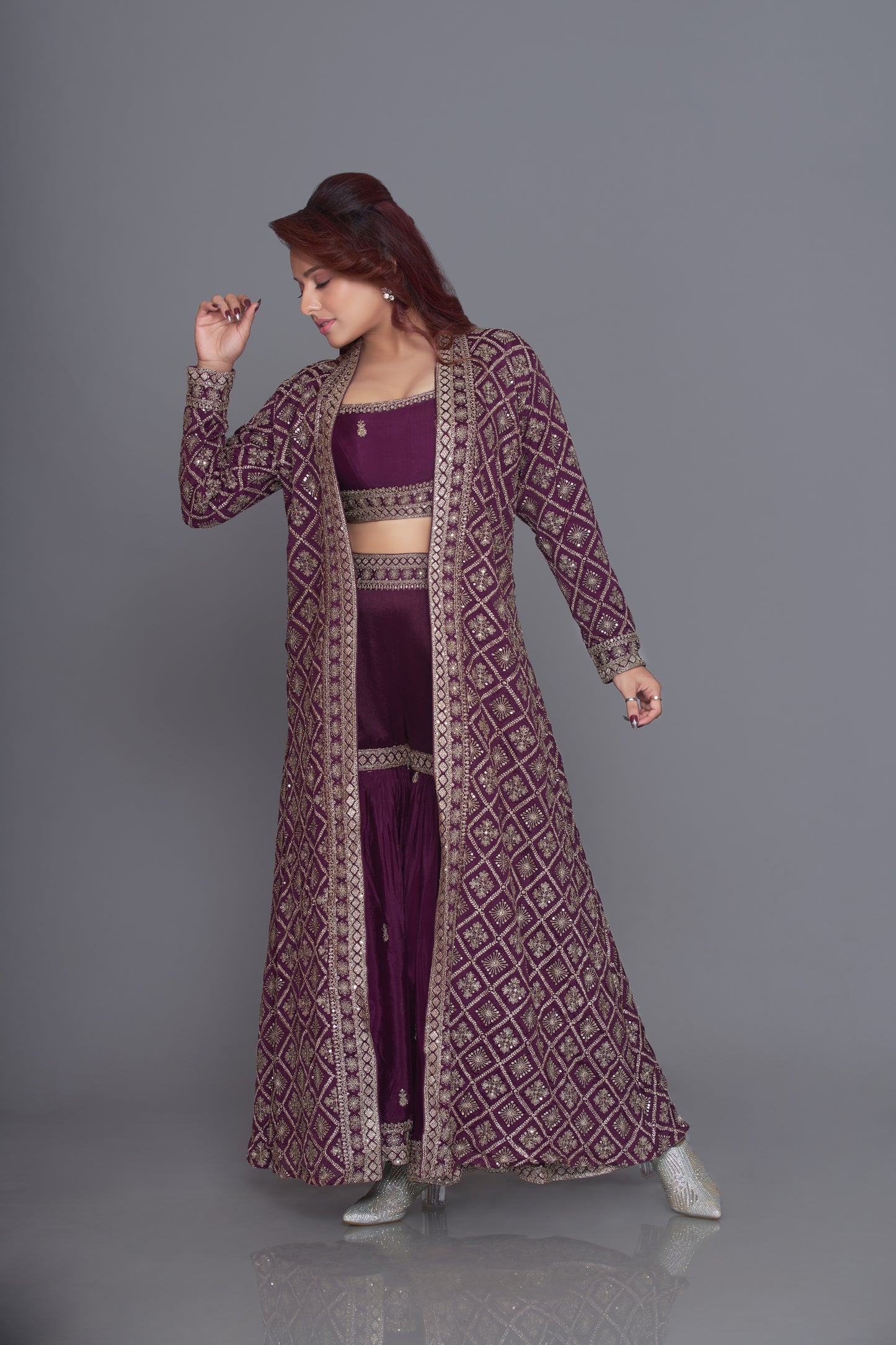 dark purple crepe gold zari embroidered indo western set
