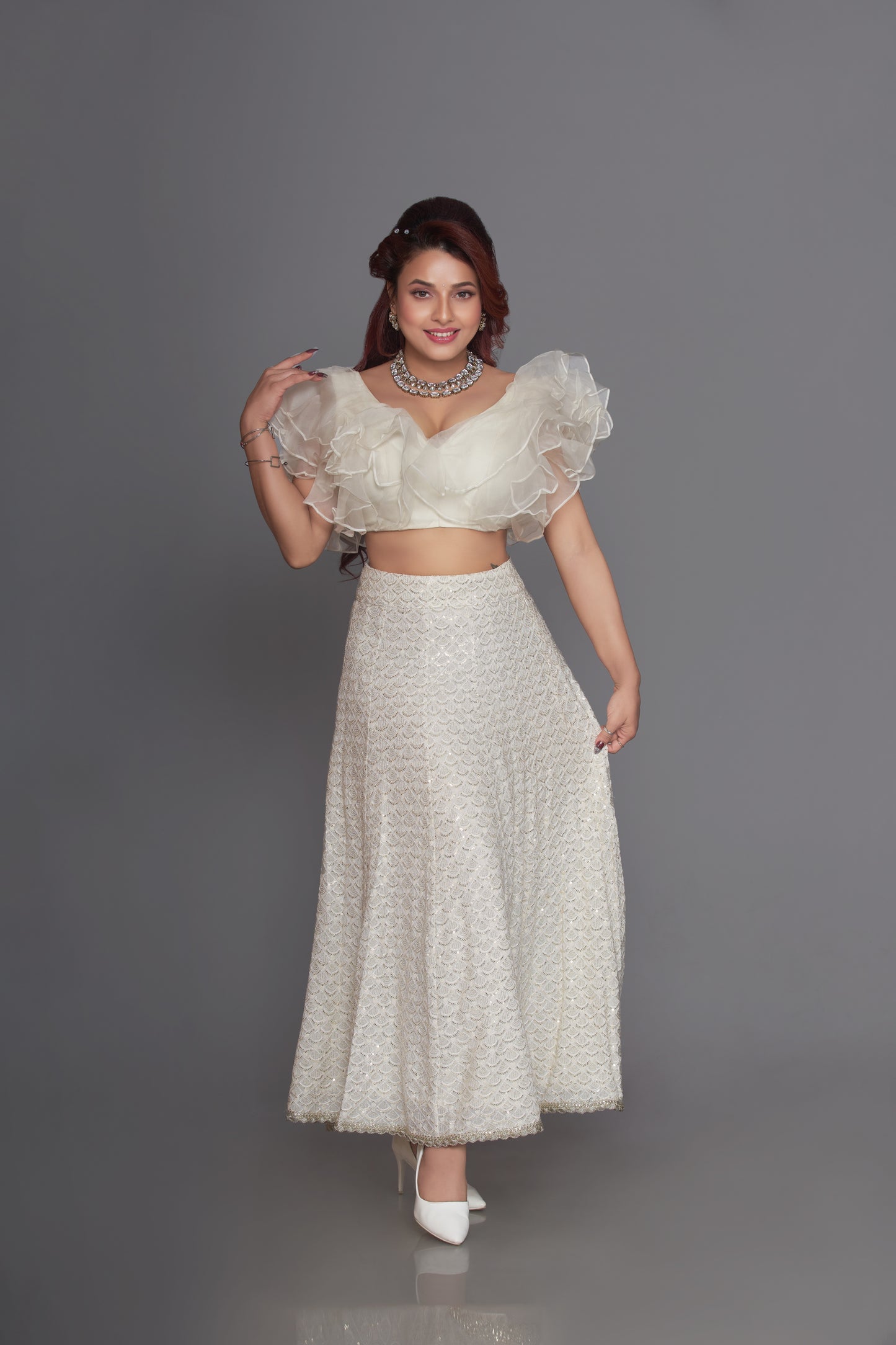 White blouse organza and white sequin skirt set
