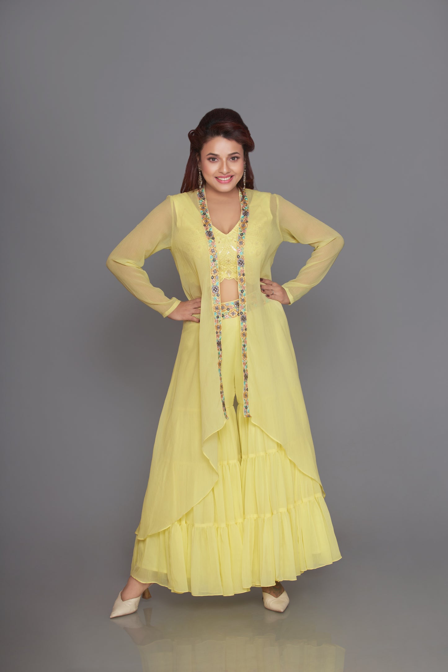 yellow lemon chiffon indo western set