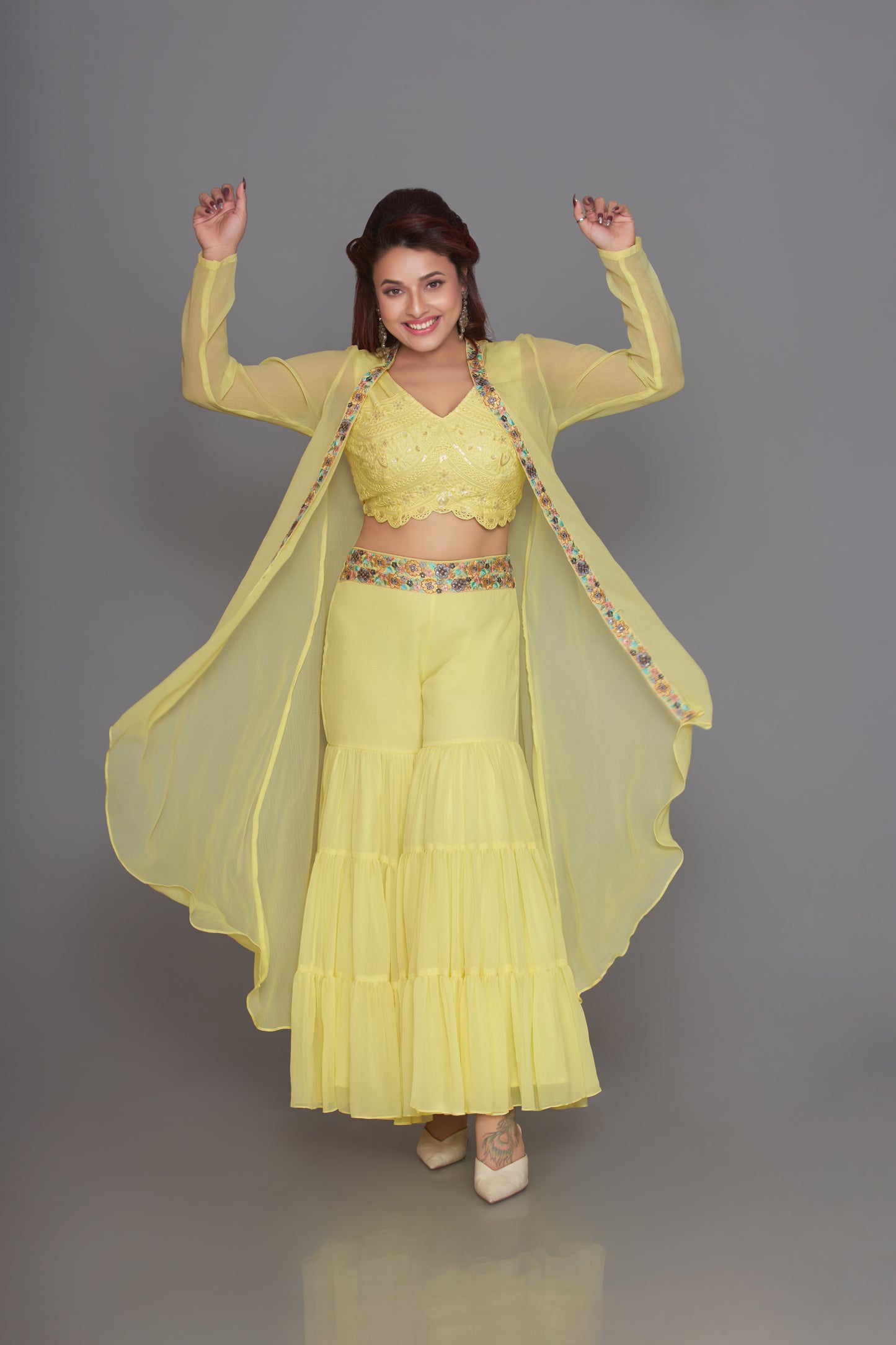 yellow lemon chiffon indo western set