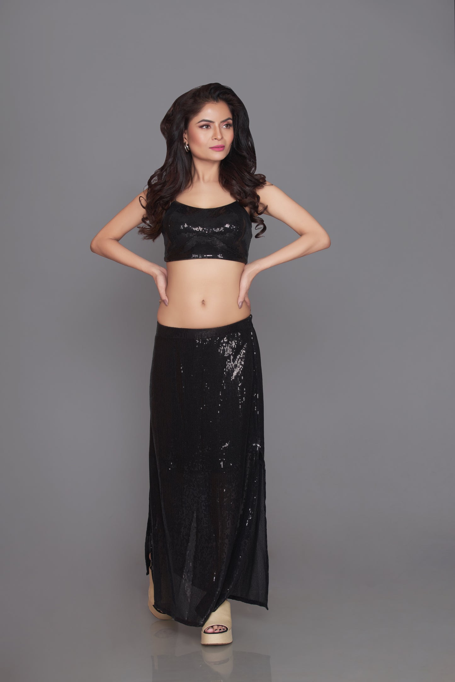 Black sequin blouse and skirt