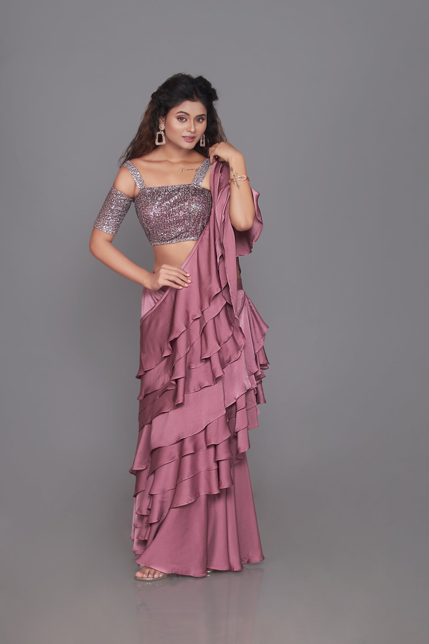 Nude Pink Imported Satin Saree Set