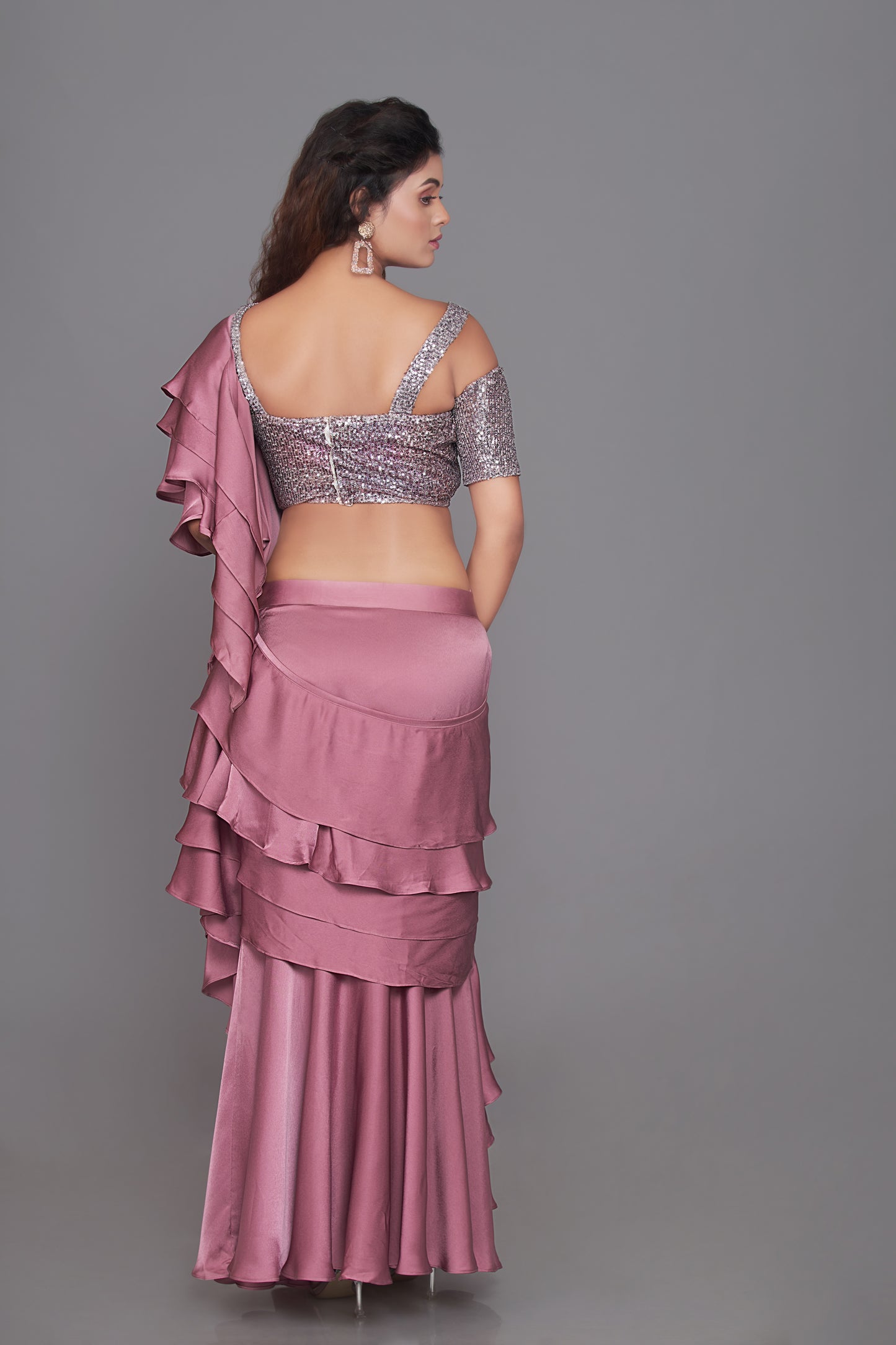 Nude Pink Imported Satin Saree Set
