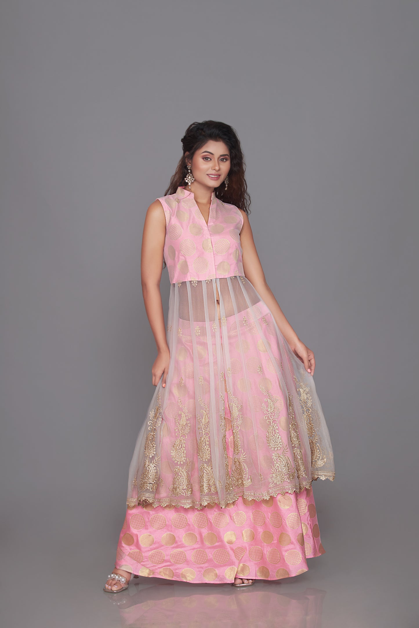 Light Pink Brocade with net skirt and long top