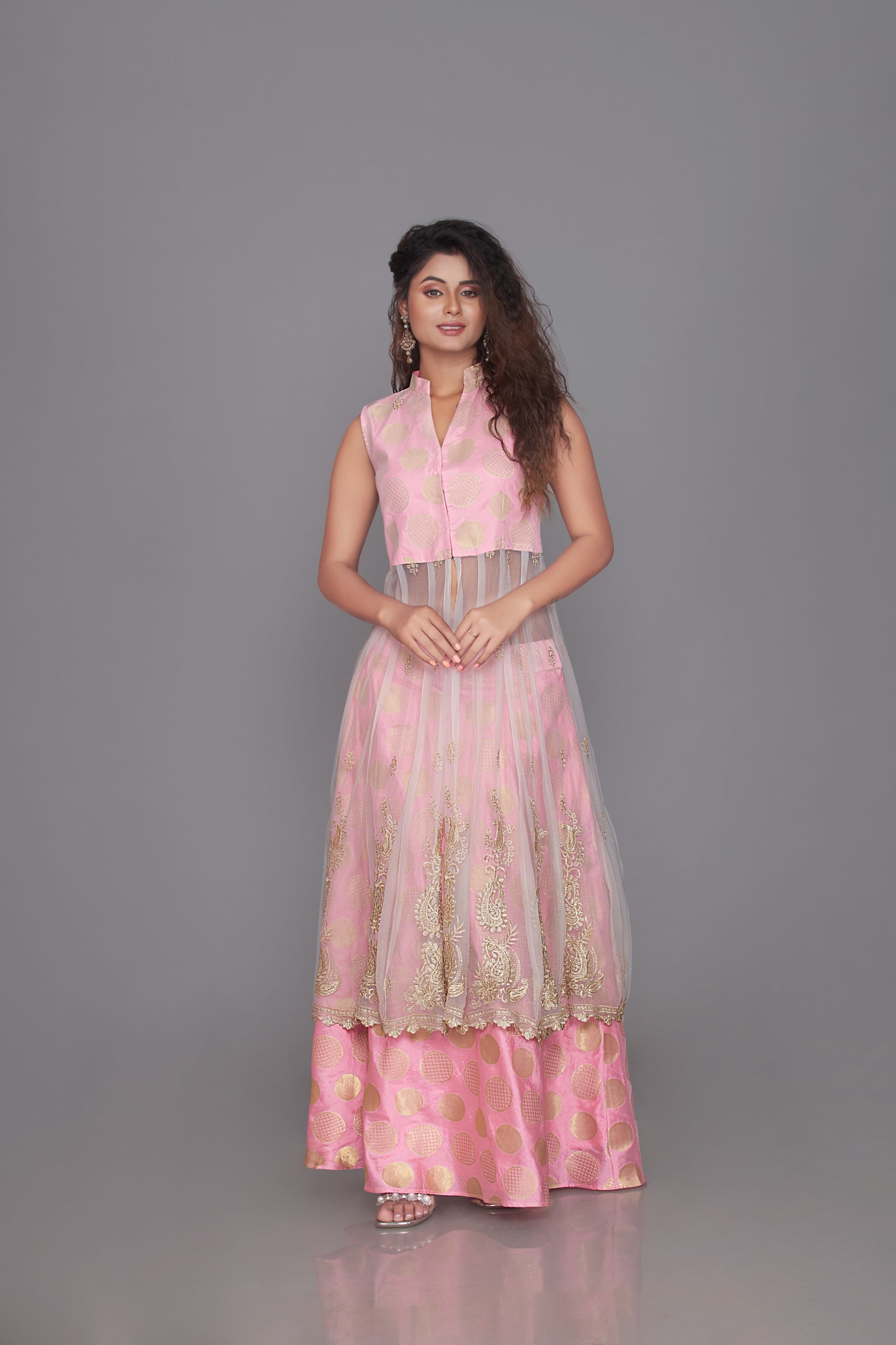 Light Pink Brocade with net skirt and long top