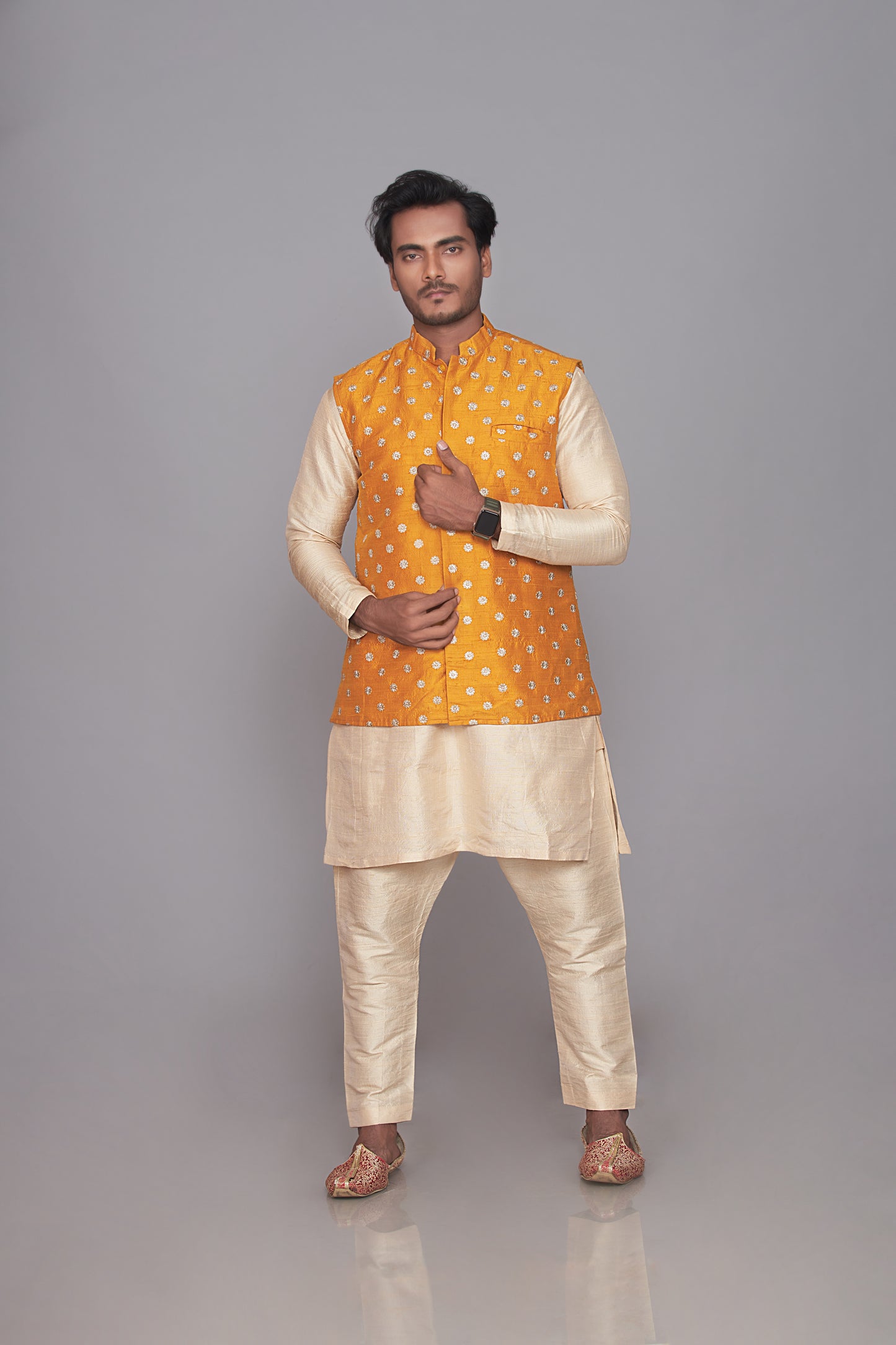 kurta pajama yellow banarasi buti jacket