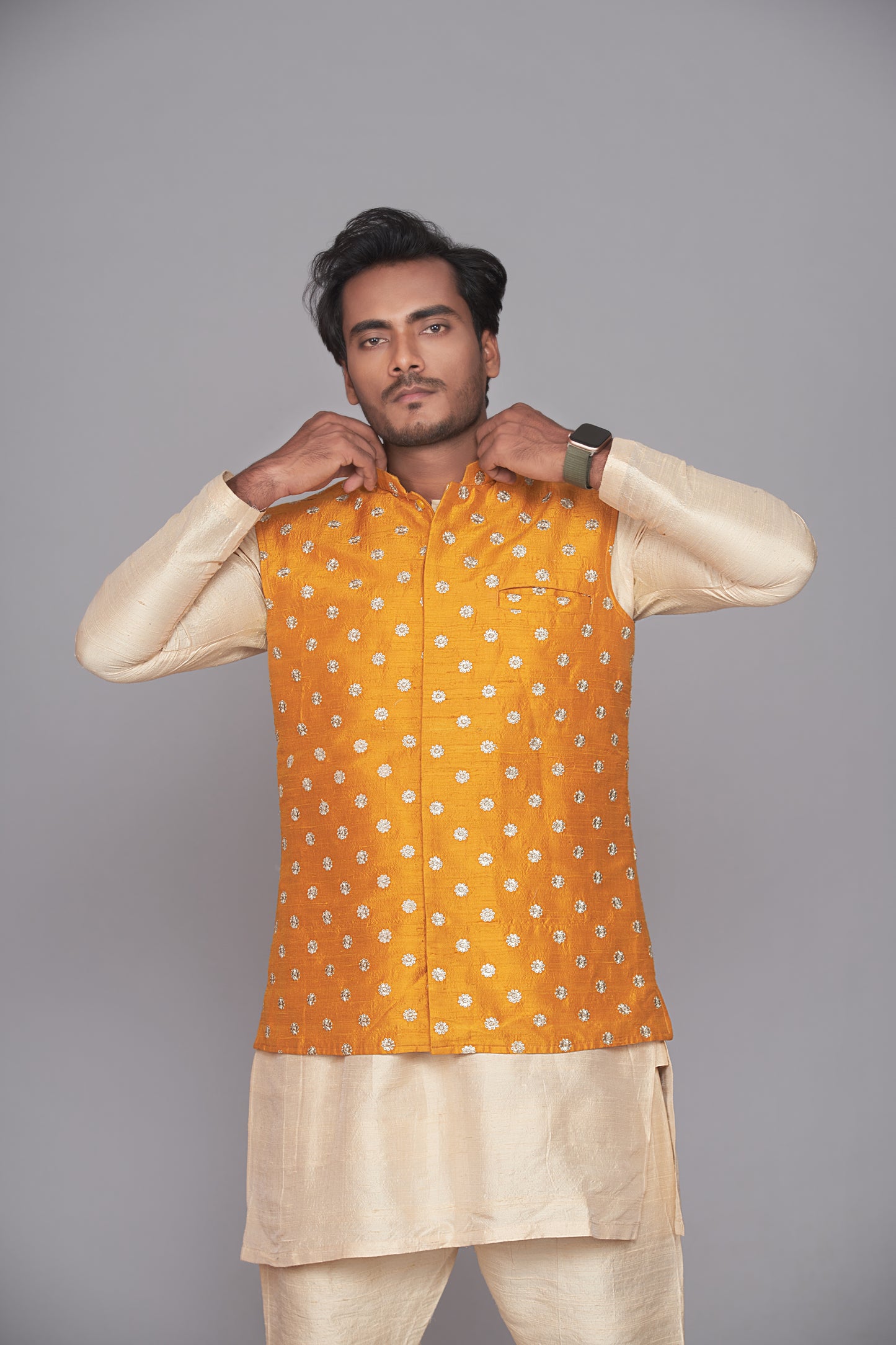 kurta pajama yellow banarasi buti jacket