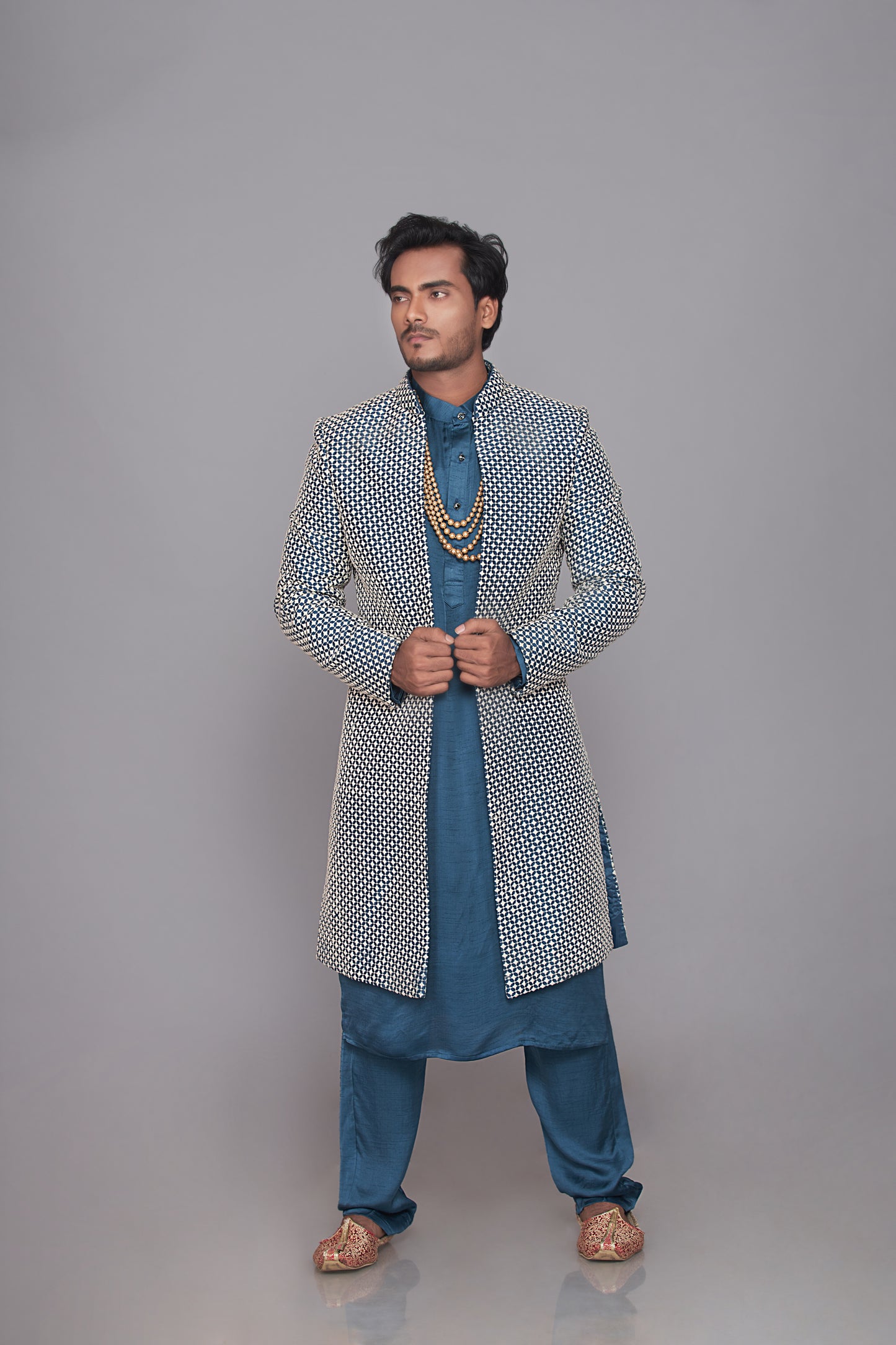 blue silk thread work open sherwani