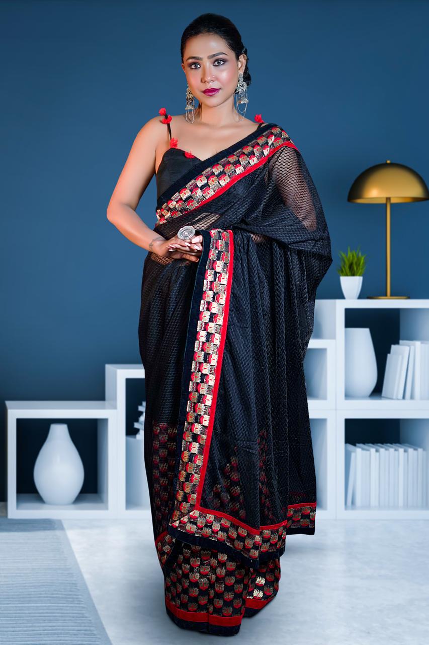 Black net embroidered designer saree
