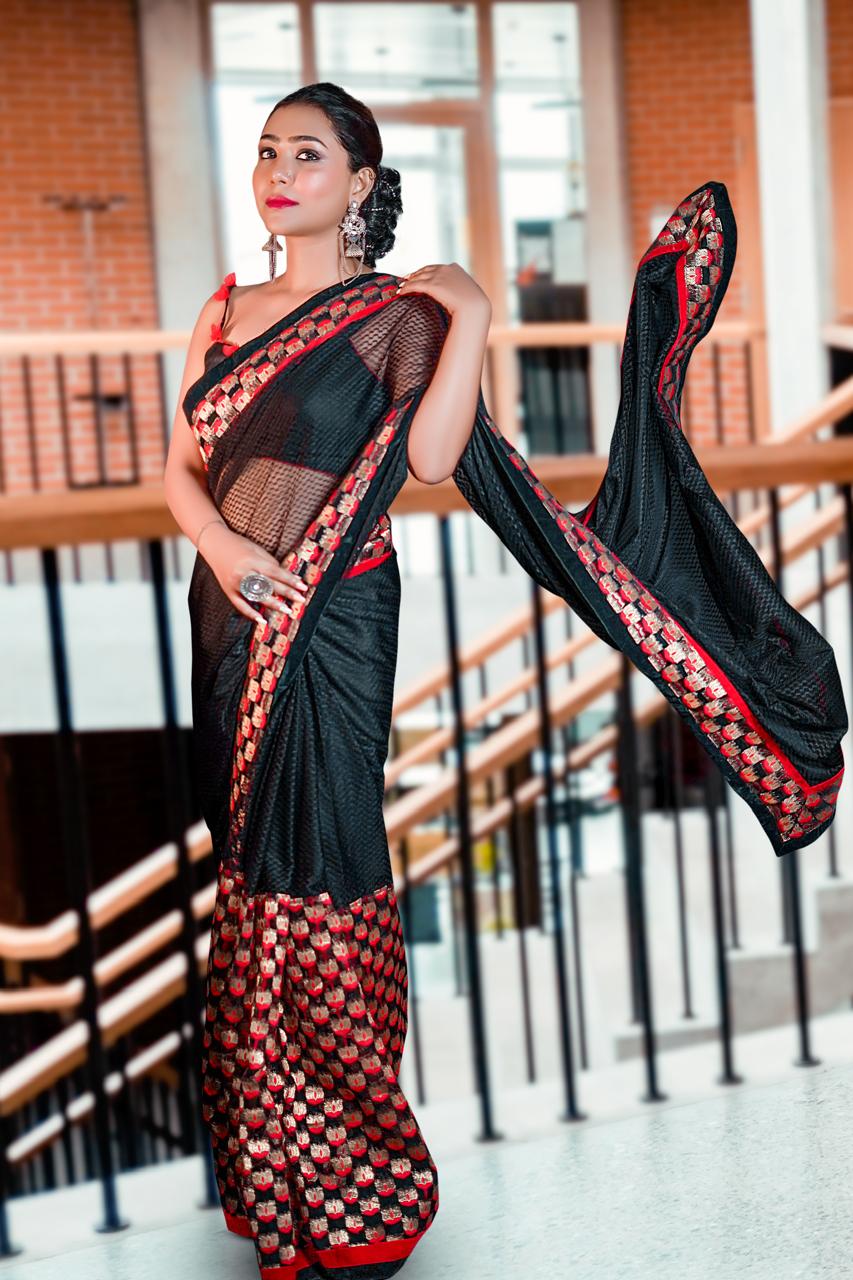 Black net embroidered designer saree