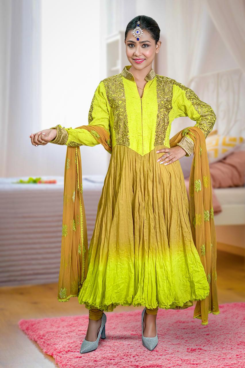 crush cotton light brown and sea green with gold embroidered net dupatta