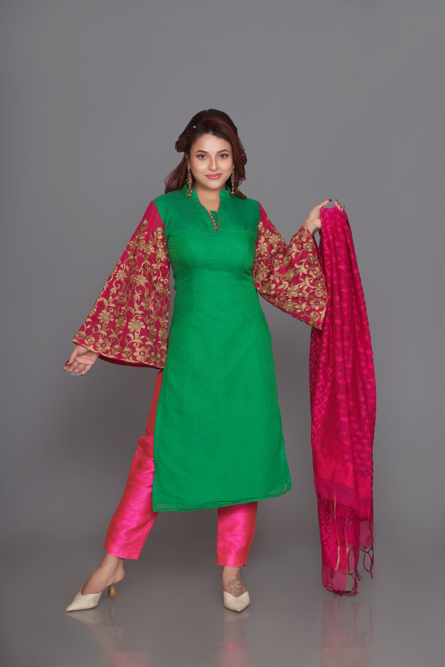 green and pink silk gold embroidered salwar suit