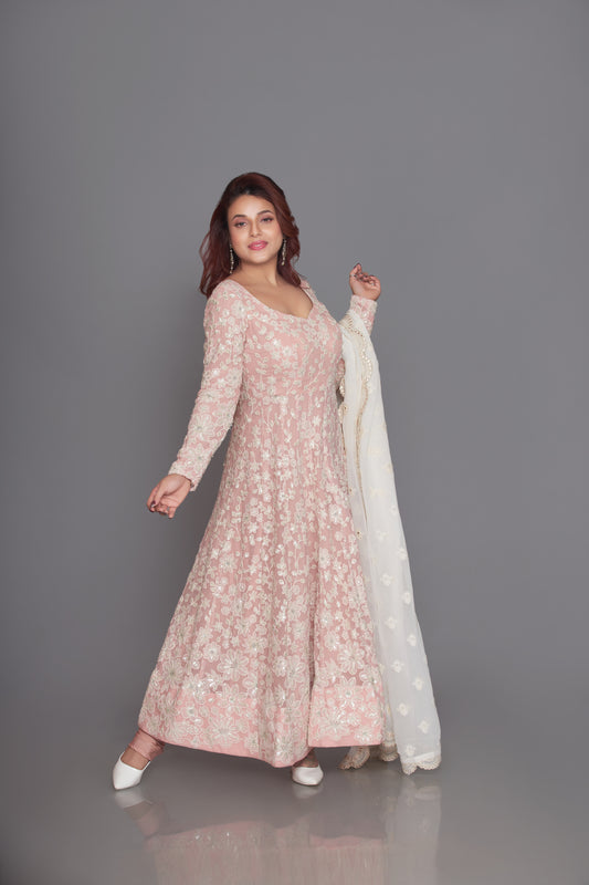 Baby pink lucknowi embroidered gown set