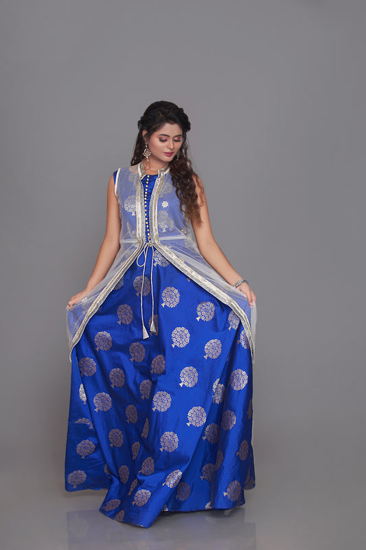 Blue Brocade Indo-Western gown