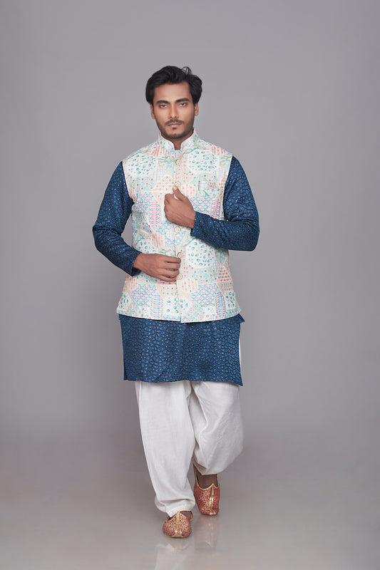 dark blue kurta set with embroidered jacket