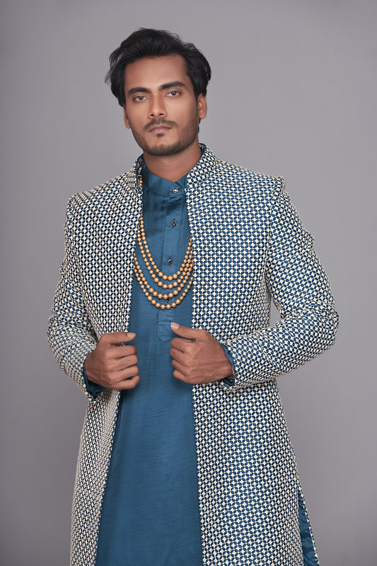 blue silk thread work open sherwani